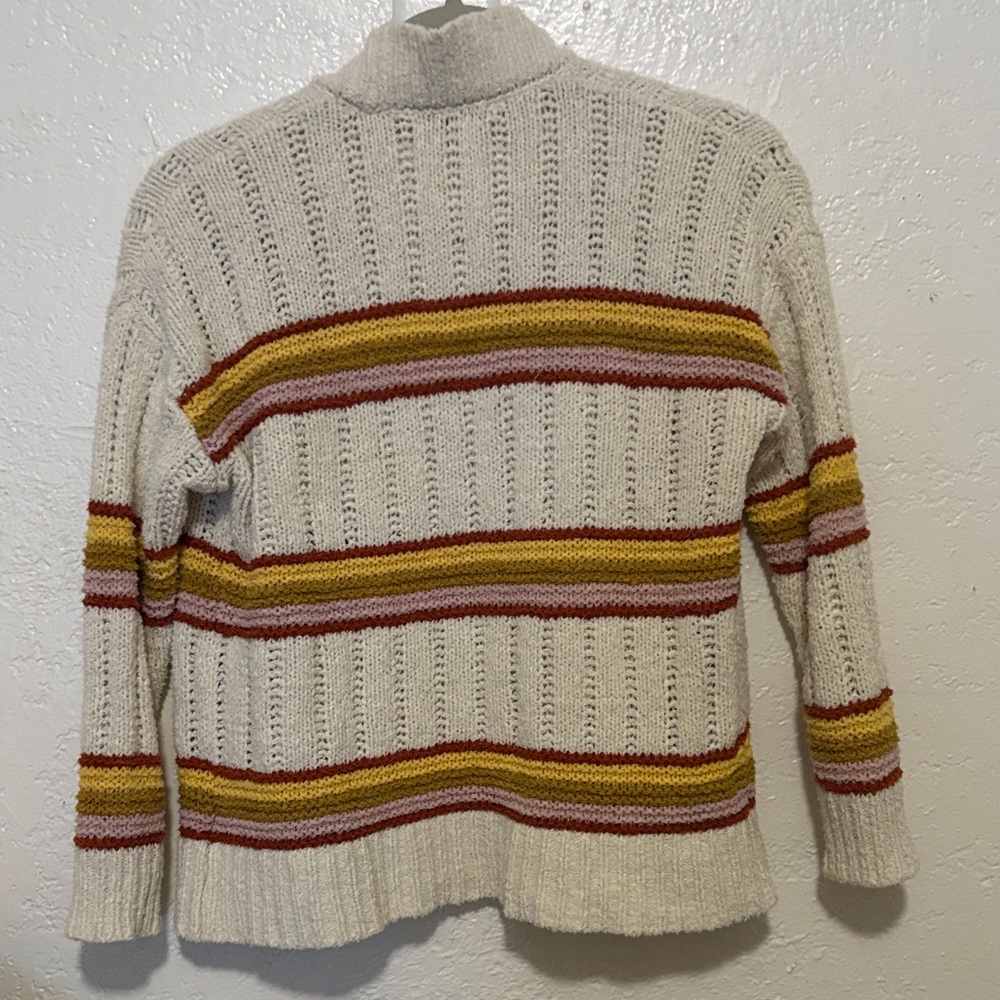 🌤️🧶🌈Madewell Cream Open Front Cardigan Sweater w/ Red Yellow Green Stripes Small - Picture 3 of 6